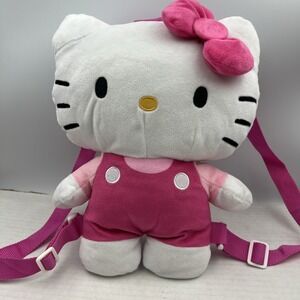 HELLO KITTY 14" Plush Backpack with Zipper, Pink Overalls & Bow